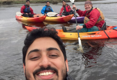 A group of friends enjoying kayaking on Dunlewey Lake with Joe McFadden also in the frame